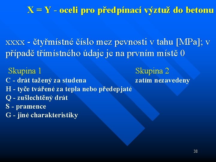 X = Y - oceli pro předpínací výztuž do betonu xxxx - čtyřmístné číslo