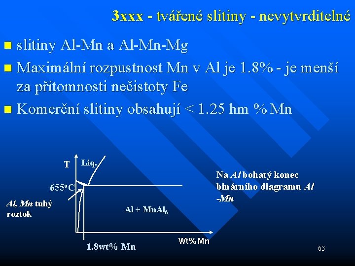 3 xxx - tvářené slitiny - nevytvrditelné slitiny Al-Mn a Al-Mn-Mg n Maximální rozpustnost