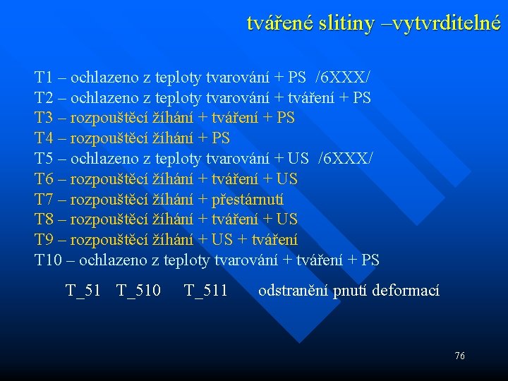 tvářené slitiny –vytvrditelné T 1 – ochlazeno z teploty tvarování + PS /6 XXX/