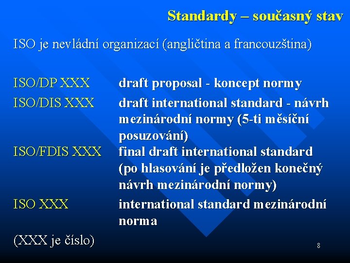 Standardy – současný stav ISO je nevládní organizací (angličtina a francouzština) ISO/DP XXX draft