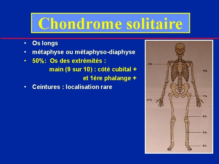 Chondrome solitaire • Os longs • métaphyse ou métaphyso-diaphyse • 50%: Os des extrémités