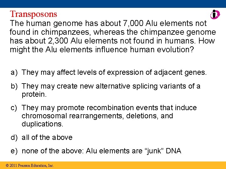 Transposons The human genome has about 7, 000 Alu elements not found in chimpanzees,