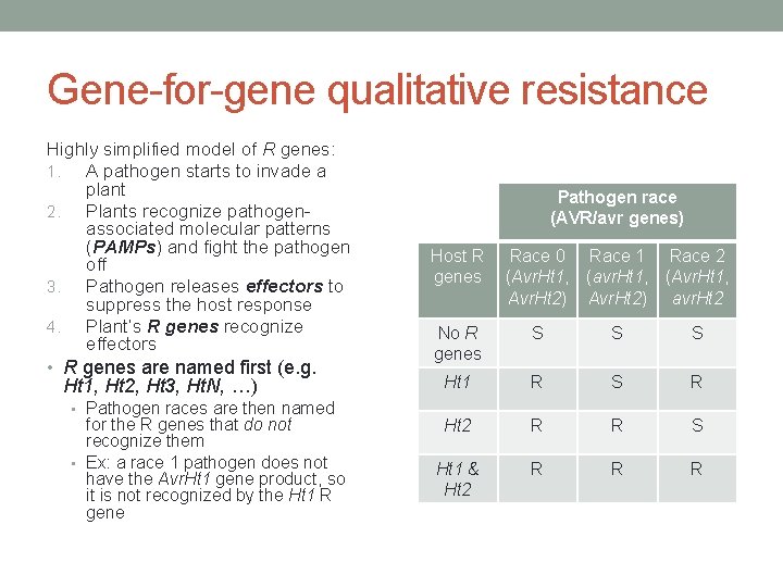 Gene-for-gene qualitative resistance Highly simplified model of R genes: 1. A pathogen starts to