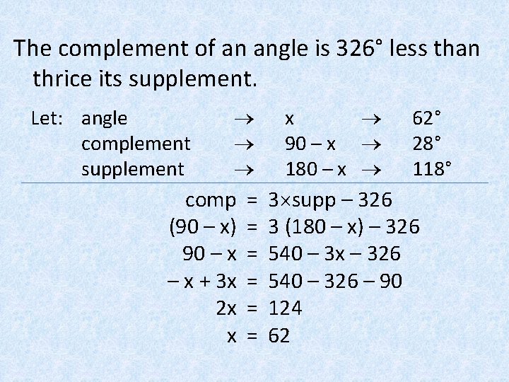 The complement of an angle is 326° less than thrice its supplement. Let: angle