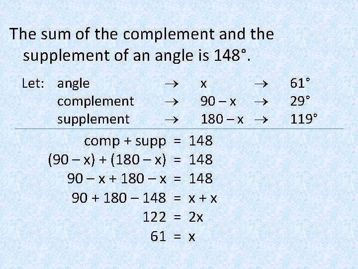 The sum of the complement and the supplement of an angle is 148°. Let: