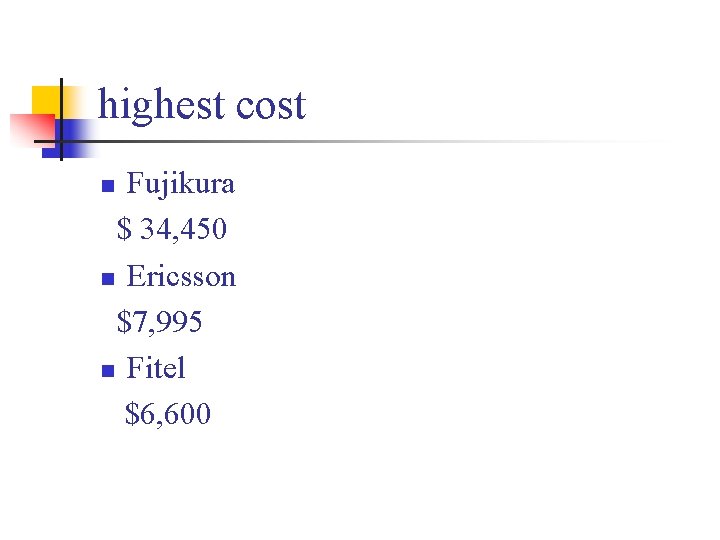 highest cost Fujikura $ 34, 450 n Ericsson $7, 995 n Fitel $6, 600