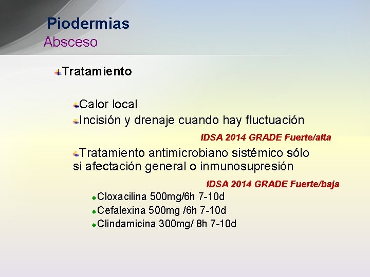 Piodermias Absceso Tratamiento Calor local Incisión y drenaje cuando hay fluctuación IDSA 2014 GRADE