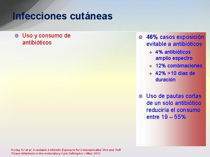 Infecciones cutáneas ¤ Uso y consumo de antibióticos ¤ 46% casos exposición evitable a