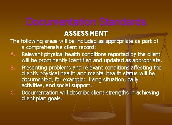 Documentation Standards ASSESSMENT The following areas will be included as appropriate as part of