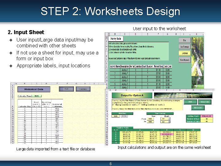 STEP 2: Worksheets Design User input to the worksheet 2. Input Sheet: v v