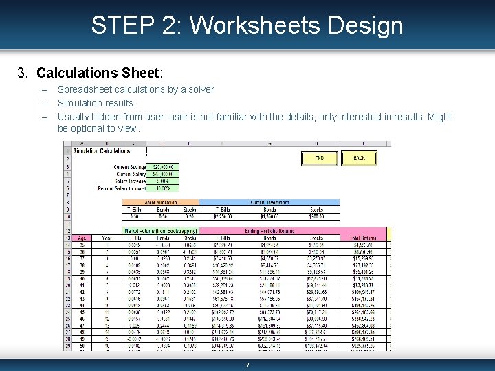 STEP 2: Worksheets Design 3. Calculations Sheet: – Spreadsheet calculations by a solver –