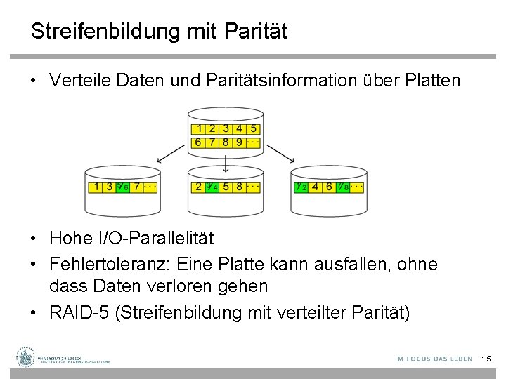 Streifenbildung mit Parität • Verteile Daten und Paritätsinformation über Platten • Hohe I/O-Parallelität •