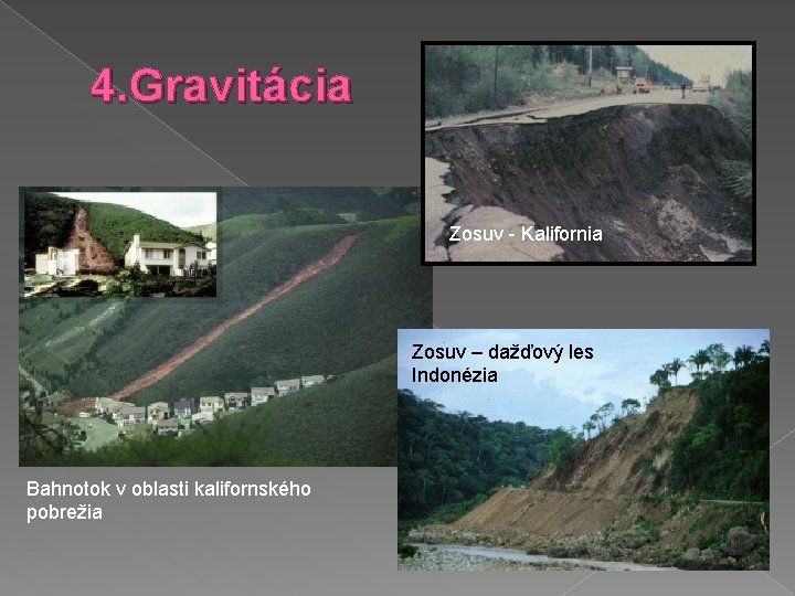 4. Gravitácia Zosuv - Kalifornia Zosuv – dažďový les Indonézia Bahnotok v oblasti kalifornského