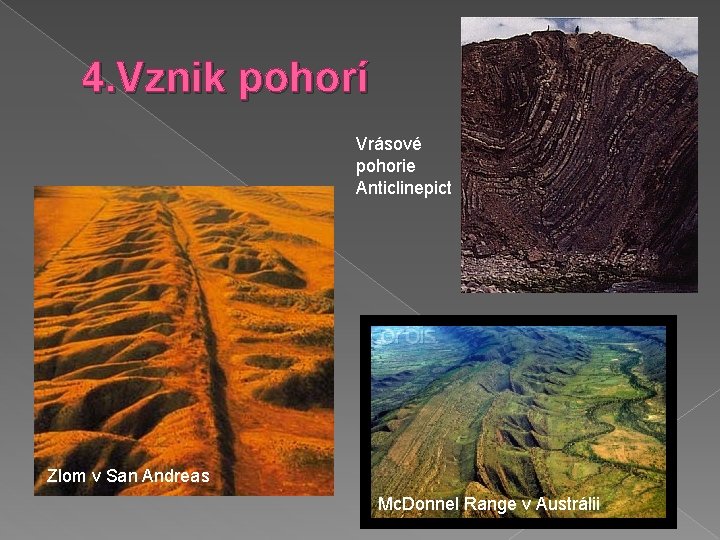 4. Vznik pohorí Vrásové pohorie Anticlinepict Zlom v San Andreas Mc. Donnel Range v