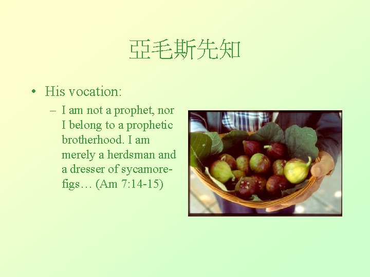 亞毛斯先知 • His vocation: – I am not a prophet, nor I belong to