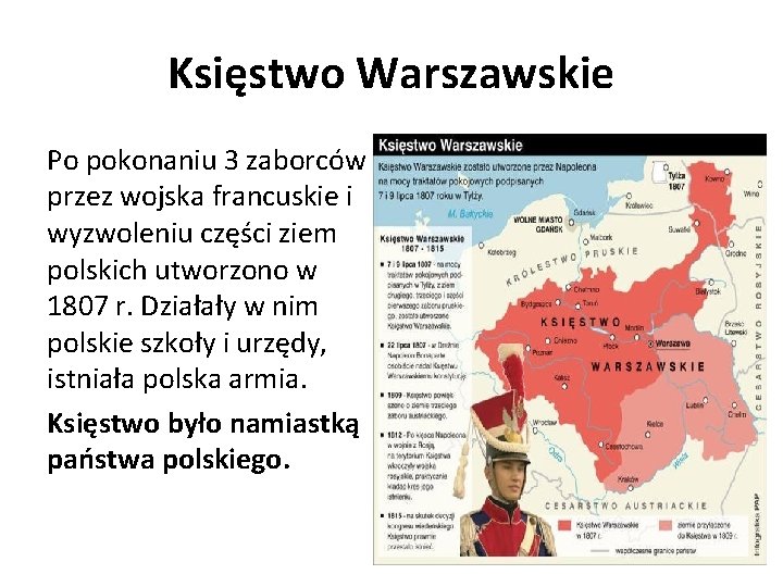 Księstwo Warszawskie Po pokonaniu 3 zaborców przez wojska francuskie i wyzwoleniu części ziem polskich
