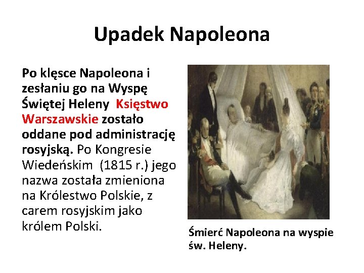 Upadek Napoleona Po klęsce Napoleona i zesłaniu go na Wyspę Świętej Heleny Księstwo Warszawskie