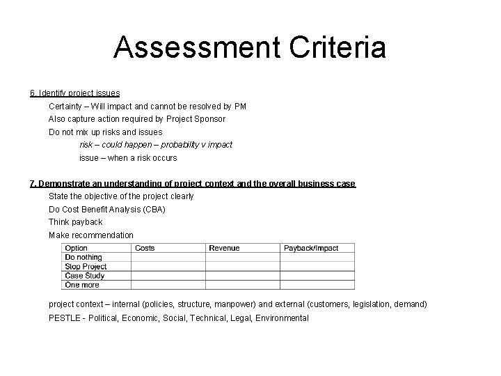Assessment Criteria 6. Identify project issues Certainty – Will impact and cannot be resolved