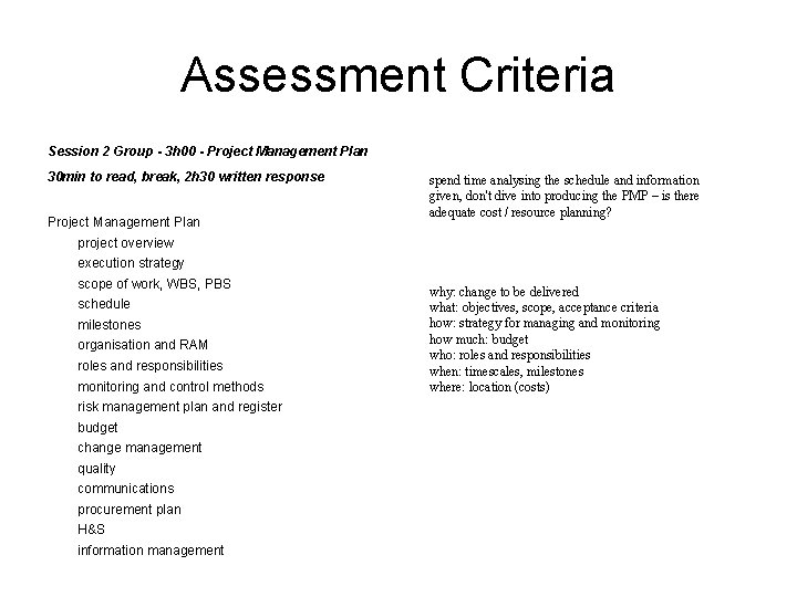 Assessment Criteria Session 2 Group - 3 h 00 - Project Management Plan 30