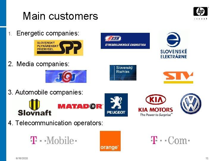Main customers 1. Energetic companies: 2. Media companies: 3. Automobile companies: 4. Telecommunication operators: