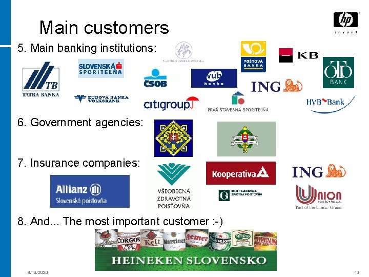 Main customers 5. Main banking institutions: 6. Government agencies: 7. Insurance companies: 8. And.