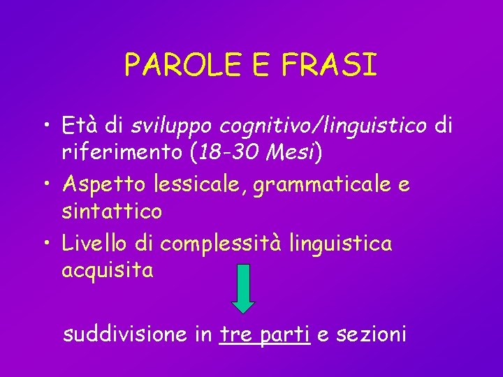 PAROLE E FRASI • Età di sviluppo cognitivo/linguistico di riferimento (18 -30 Mesi) •