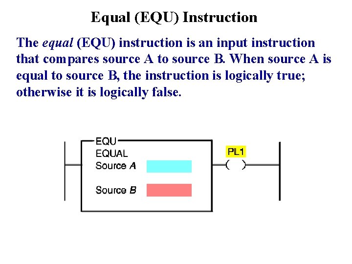 Equal (EQU) Instruction The equal (EQU) instruction is an input instruction that compares source