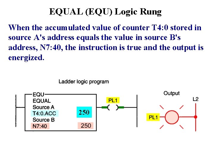 EQUAL (EQU) Logic Rung When the accumulated value of counter T 4: 0 stored