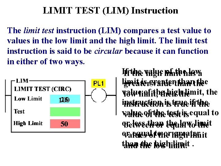 LIMIT TEST (LIM) Instruction The limit test instruction (LIM) compares a test value to