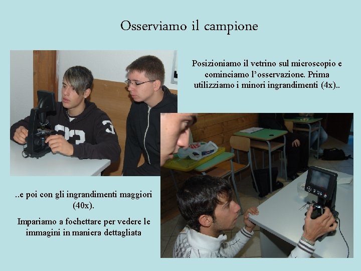 Osserviamo il campione Posizioniamo il vetrino sul microscopio e cominciamo l’osservazione. Prima utilizziamo i