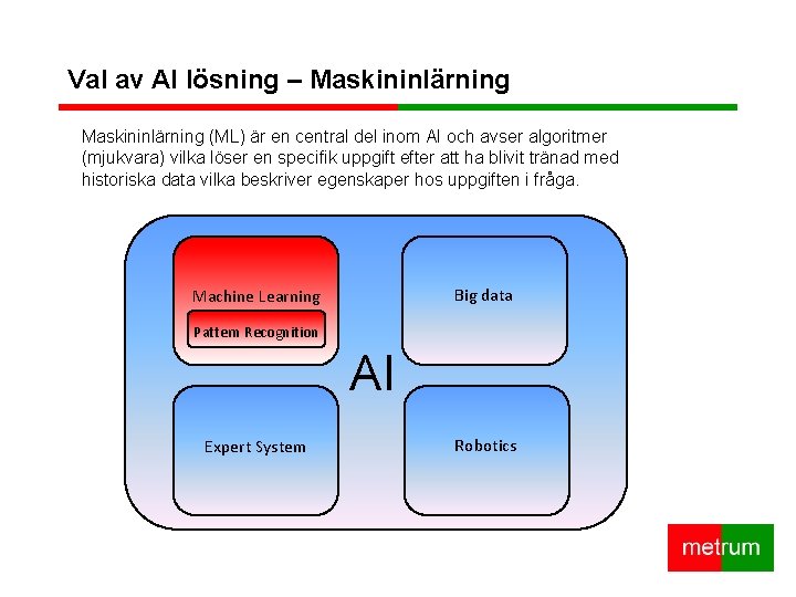 Val av AI lösning – Maskininlärning (ML) är en central del inom AI och