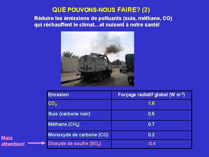 QUE POUVONS-NOUS FAIRE? (2) Réduire les émissions de polluants (suie, méthane, CO) qui réchauffent