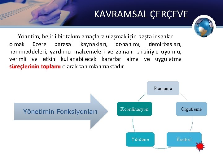 KAVRAMSAL ÇERÇEVE Yönetim, belirli bir takım amaçlara ulaşmak için başta insanlar olmak üzere parasal