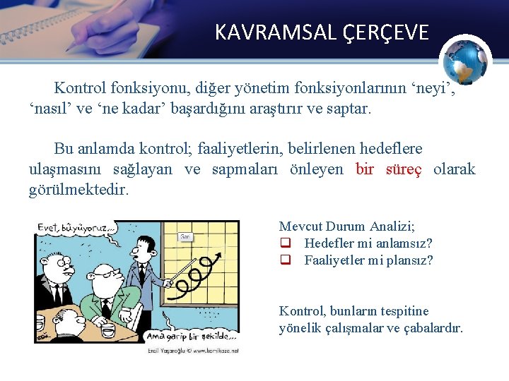 KAVRAMSAL ÇERÇEVE Kontrol fonksiyonu, diğer yönetim fonksiyonlarının ‘neyi’, ‘nasıl’ ve ‘ne kadar’ başardığını araştırır