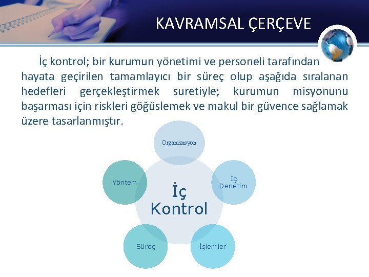 KAVRAMSAL ÇERÇEVE İç kontrol; bir kurumun yönetimi ve personeli tarafından hayata geçirilen tamamlayıcı bir