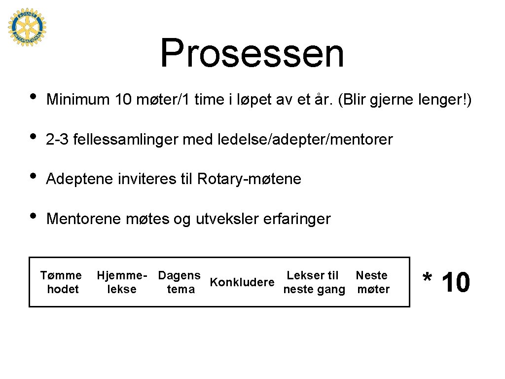 Prosessen • Minimum 10 møter/1 time i løpet av et år. (Blir gjerne lenger!)