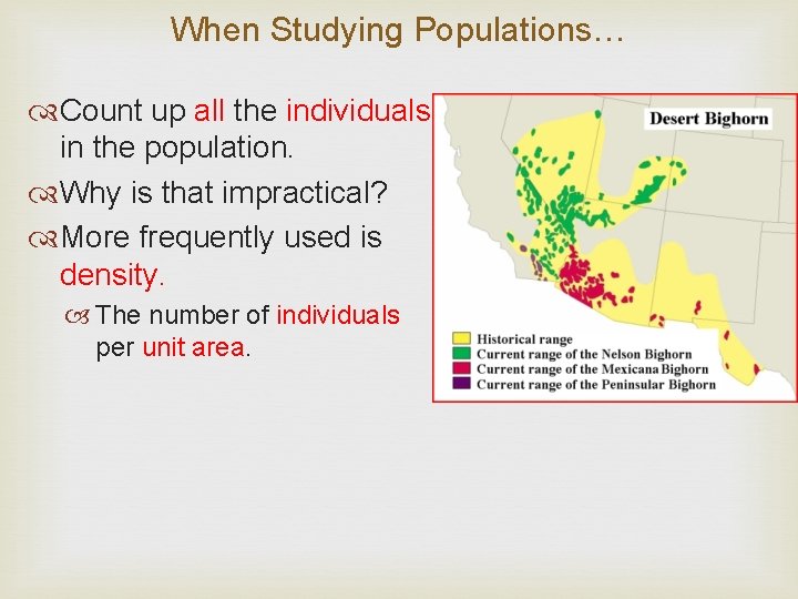 When Studying Populations… Count up all the individuals in the population. Why is that