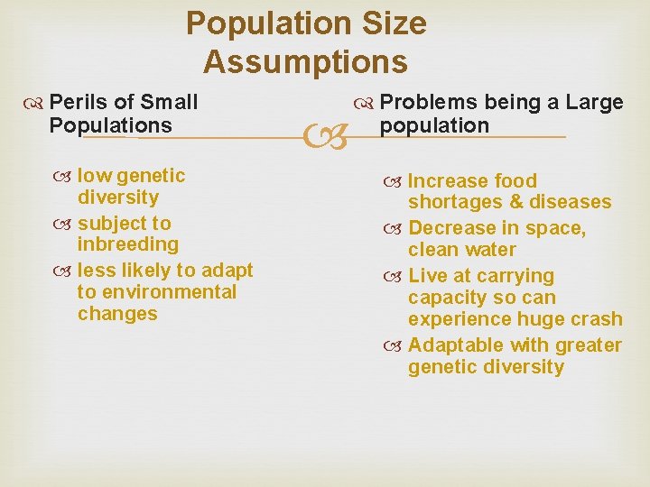 Population Size Assumptions Perils of Small Populations low genetic diversity subject to inbreeding less