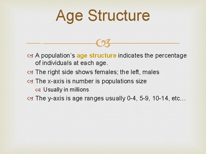 Age Structure A population’s age structure indicates the percentage of individuals at each age.