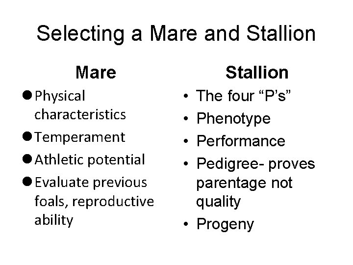 Selecting a Mare and Stallion Mare l Physical characteristics l Temperament l Athletic potential