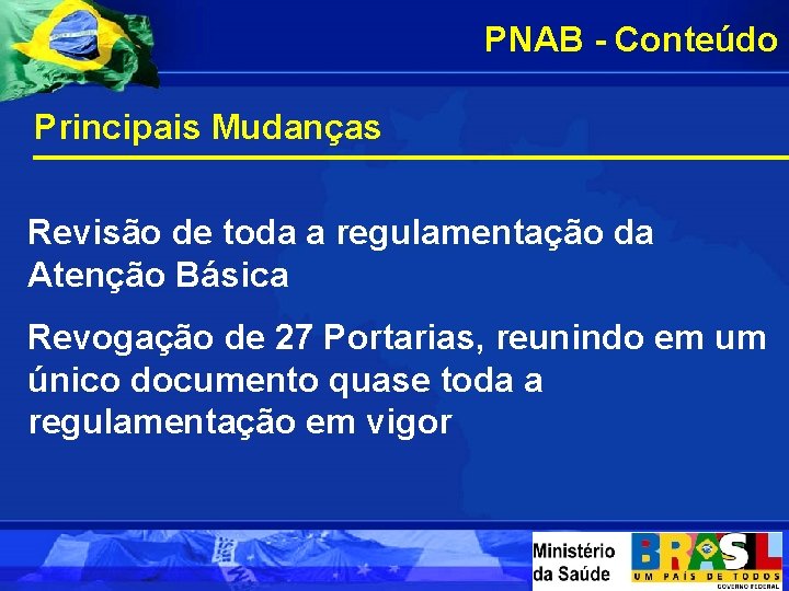 PNAB - Conteúdo Principais Mudanças Revisão de toda a regulamentação da Atenção Básica Revogação