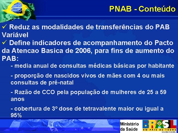 PNAB - Conteúdo ü Reduz as modalidades de transferências do PAB Variável ü Define