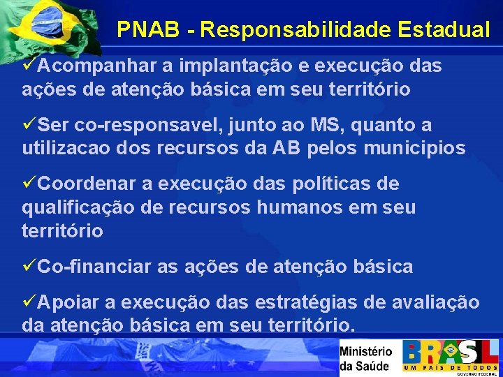 PNAB - Responsabilidade Estadual üAcompanhar a implantação e execução das ações de atenção básica