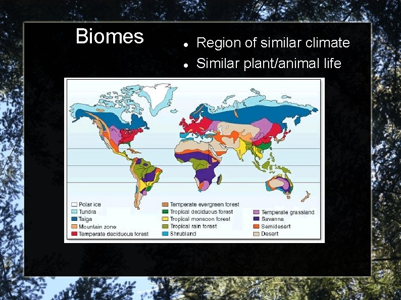 Biomes Region of similar climate Similar plant/animal life 