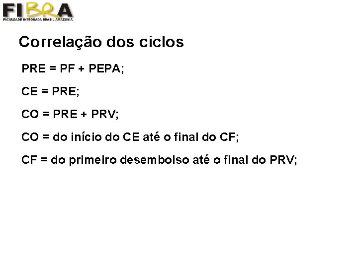 Correlação dos ciclos PRE = PF + PEPA; CE = PRE; CO = PRE