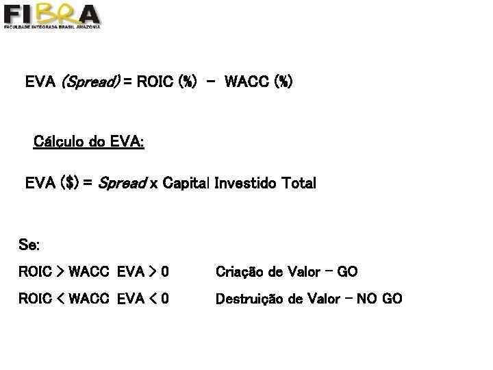 EVA (Spread) = ROIC (%) - WACC (%) Cálculo do EVA: EVA ($) =