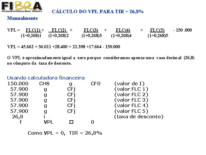  CÁLCULO DO VPL PARA TIR = 26, 8% Manualmente VPL = FLC(1) +