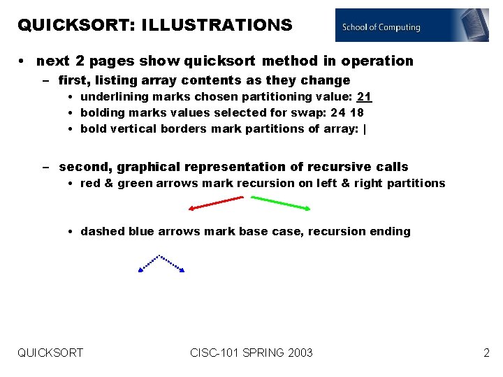QUICKSORT: ILLUSTRATIONS • next 2 pages show quicksort method in operation – first, listing