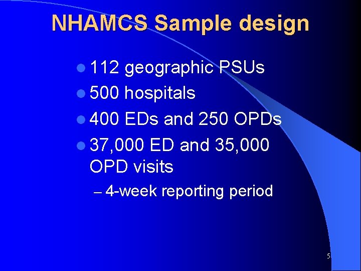 NHAMCS Sample design l 112 geographic PSUs l 500 hospitals l 400 EDs and