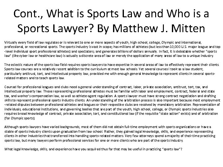 Cont. , What is Sports Law and Who is a Sports Lawyer? By Matthew